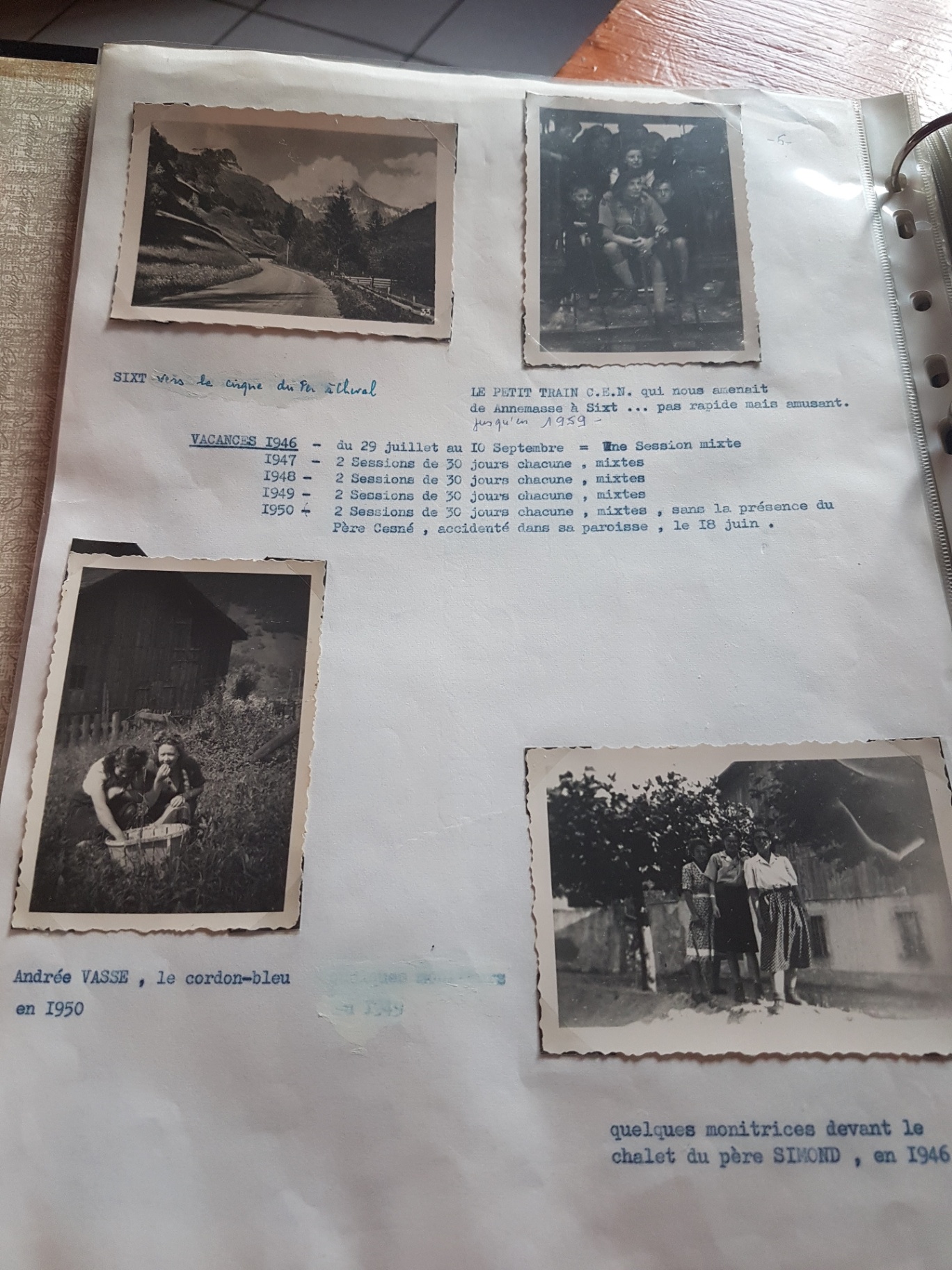 Calendrier des séjours ; Andrée Vasse en 1950 et monitrices devant le chalet en 1946.