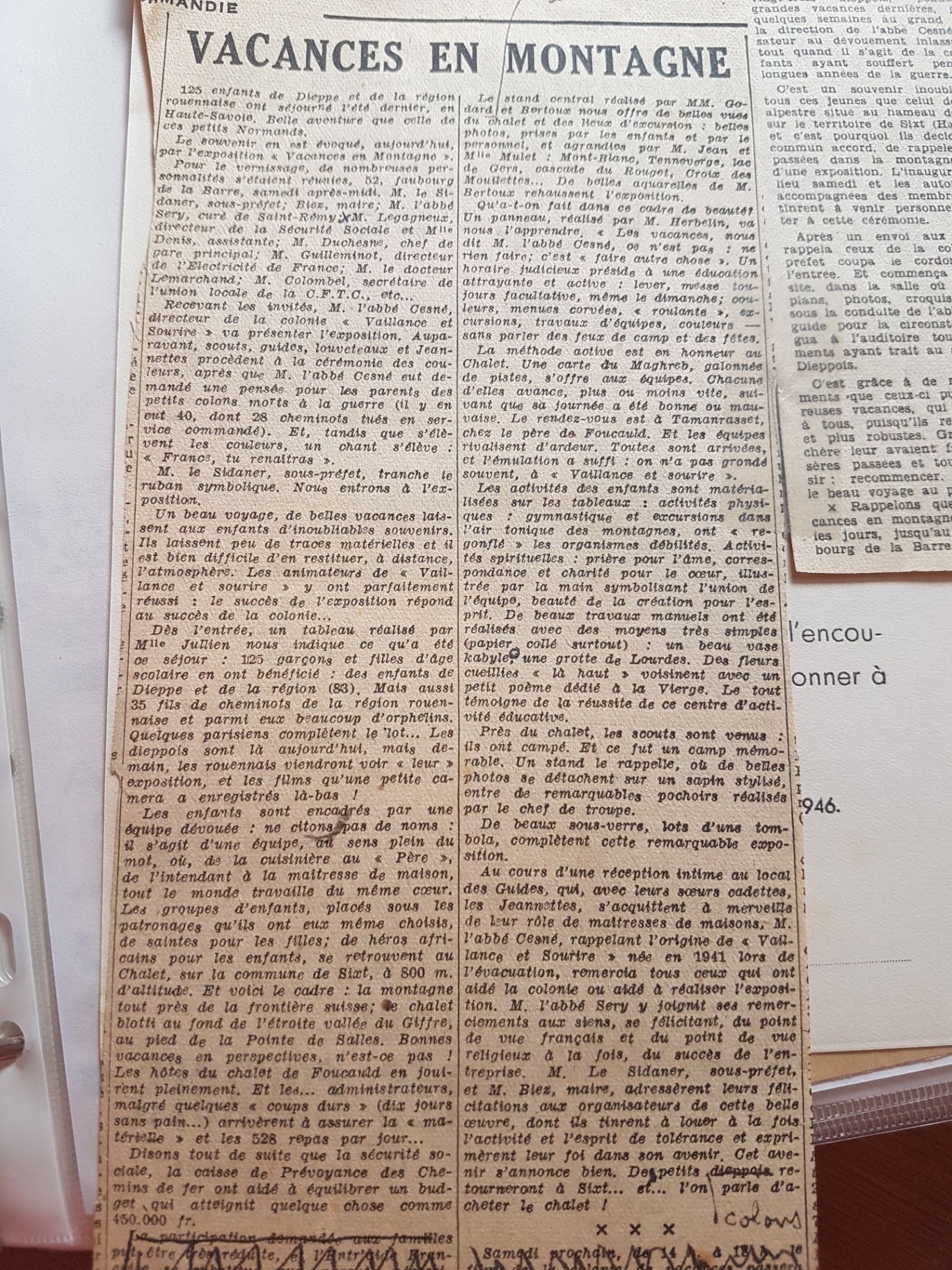 Article sur les enfants accueillis, les activités et l’exposition à Dieppe. Date de publication non visible ; rapprochement avec le séjour de 1946 et l’exposition de l’hiver 1946–1947.