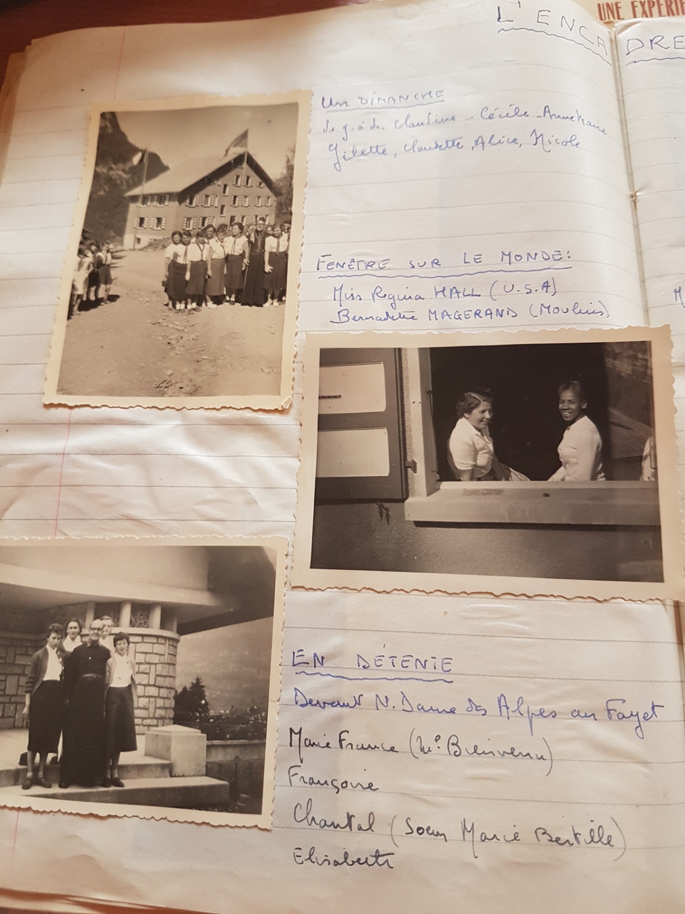 Page « L’Encadrement » : groupe un dimanche, « Fenêtre sur le monde » avec Miss Regina Hall (U.S.A.) et Bernadette Magerand (lecture à confirmer), puis détente devant Notre-Dame-des-Alpes au Fayet. Les prénoms et noms viennent des légendes ; pas de date visible.
