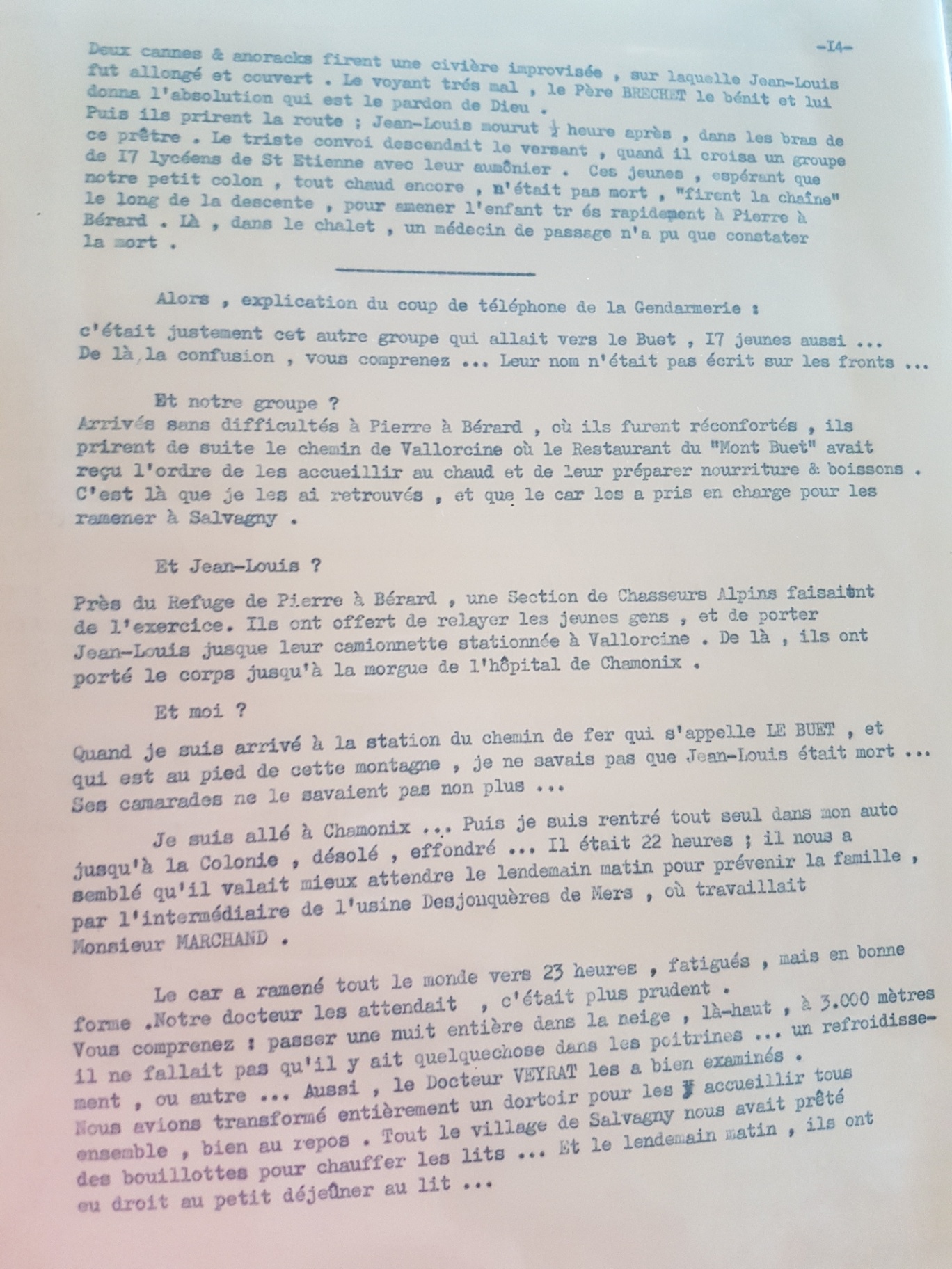 Fin du récit : décès de Jean-Louis Marchand, intervention des secours, retour des autres enfants et accueil par les habitants. Document de mémoire à lire avec respect pour l’enfant et ses proches.