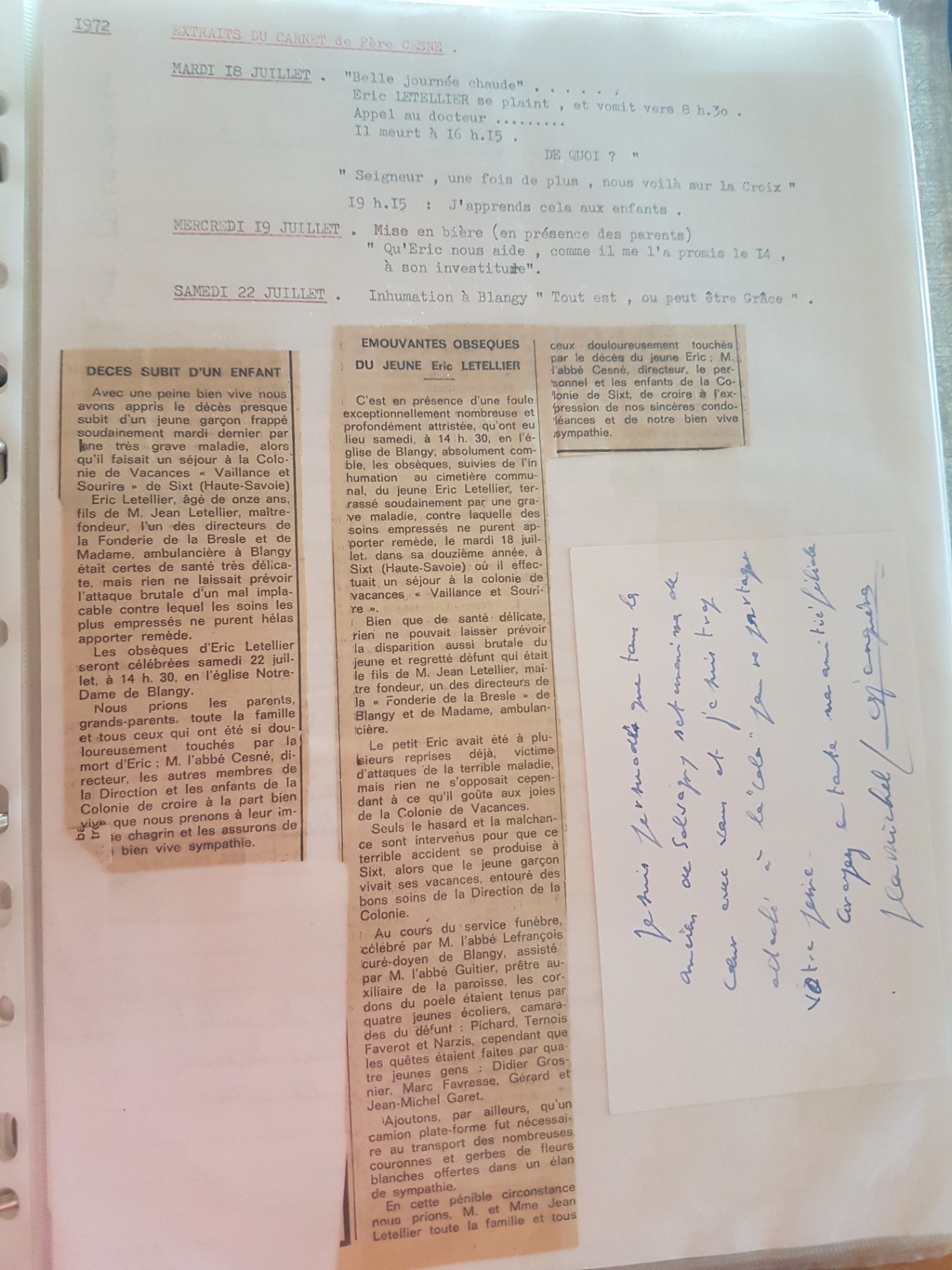 Extraits du carnet du père Cesné et deux coupures : décès d’Éric Letellier le 18 juillet 1972 et obsèques à Blangy le 22 juillet. Cet enfant est distinct de Jean-Louis Marchand ; les mentions de santé restent celles des archives.