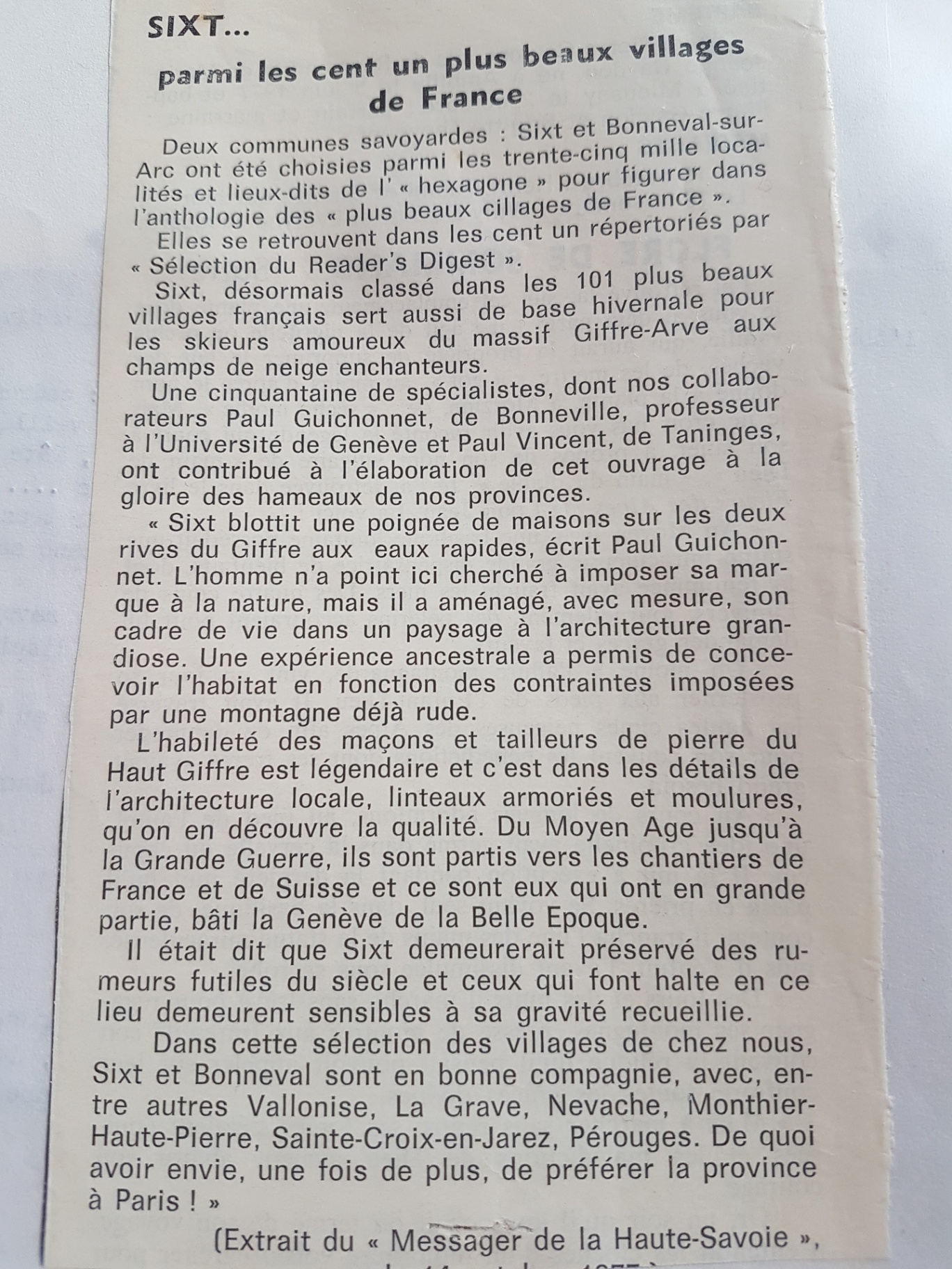 Extrait attribué au Messager de la Haute-Savoie, évoquant une sélection du Reader’s Digest. Témoignage de presse d’époque, sans date visible ni équivalence avec un label actuel.