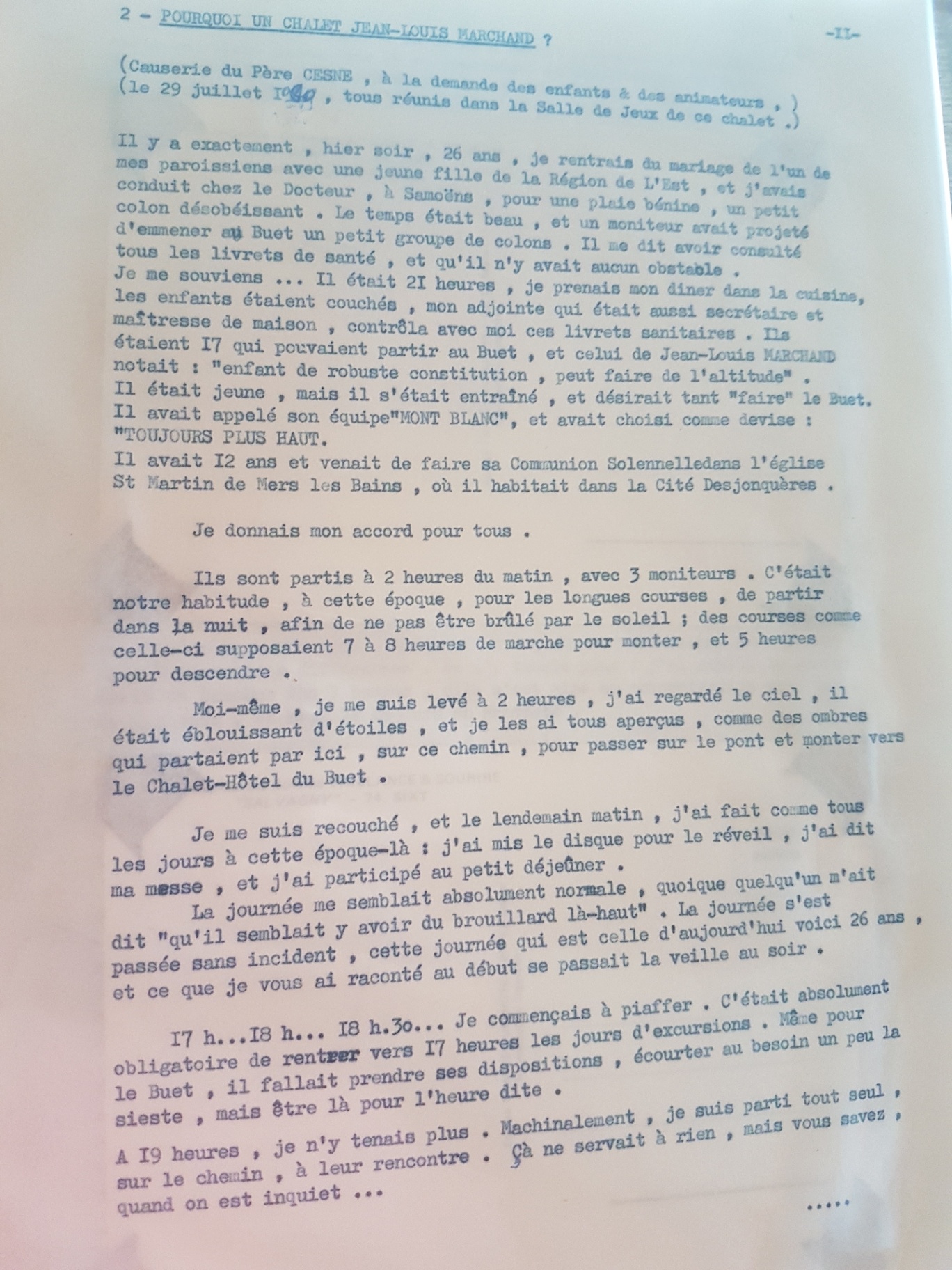 Causerie du père Cesné : Jean-Louis Marchand, 12 ans, et le départ au Buet de 17 garçons avec trois moniteurs. Les pages suivantes situent le décès au 30 juillet 1954 ; la causerie porte une date corrigée de 1980.