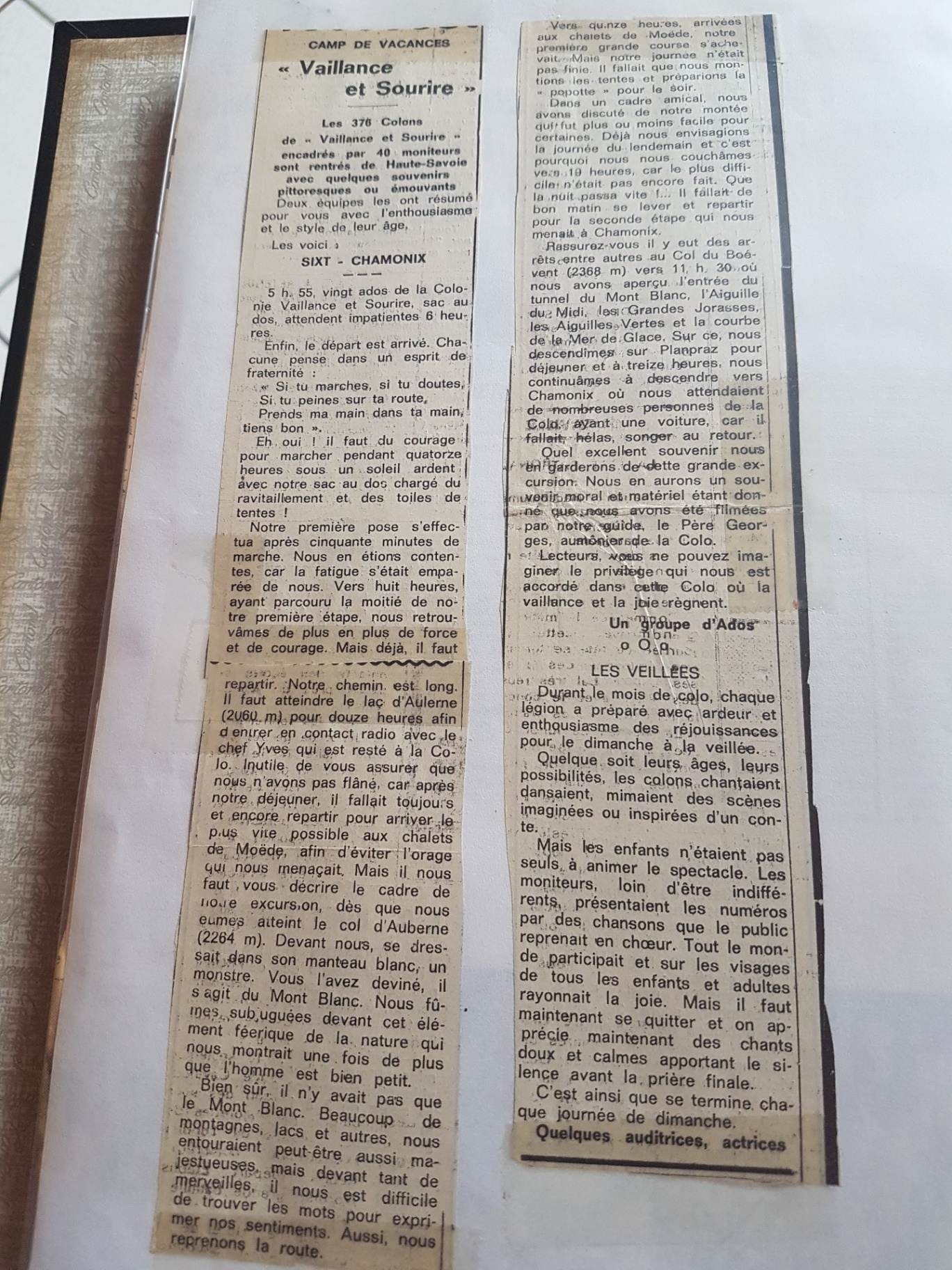 Chiffres annoncés par le titre, sans date visible ni certitude sur une présence simultanée. L’article évoque Sixt–Chamonix, les adolescents, le père Georges et les veillées ; les personnes sur la photo ne sont pas identifiées.