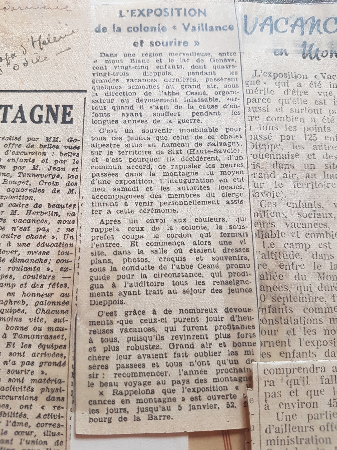 Une autre coupure annonce une exposition ouverte jusqu’au 5 janvier, au 52, faubourg de la Barre. Elle évoque 125 enfants, dont 83 Dieppois.