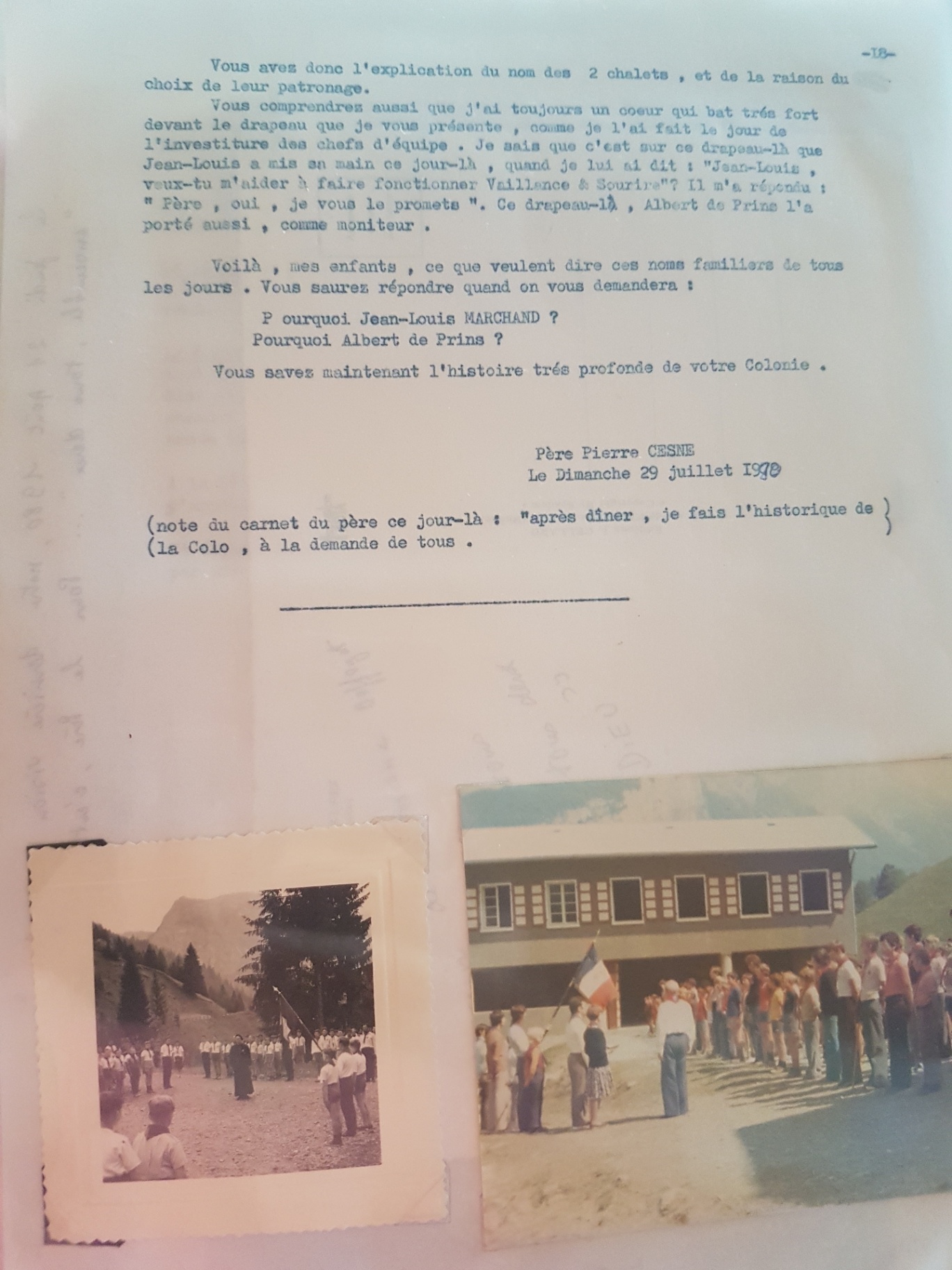 Jean-Louis Marchand et Albert de Prins sont associés au drapeau des chefs d’équipe. Signature « Père Pierre CESNE » et date « Le Dimanche 29 juillet 1980 » : le jour et la date ne concordent pas au calendrier. Une note du carnet évoque l’historique raconté après dîner.