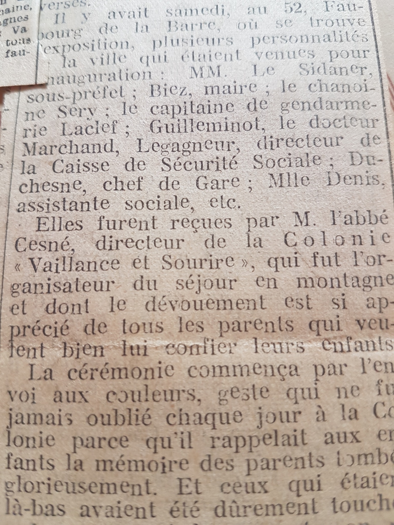 Suite de l’article « Vacances en montagne » : personnalités reçues par l’abbé Cesné et souvenir des parents morts pendant la guerre.