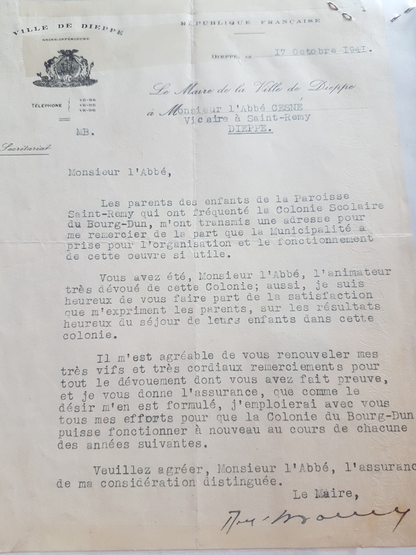 Lettre du 17 octobre 1941 adressée à l’abbé Cesné, vicaire à Saint-Remy.