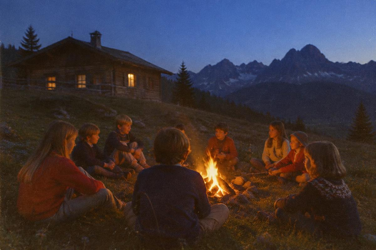 Photo vintage d'un feu de camp au crépuscule devant le chalet, enfants assis en cercle autour du feu, sommets enneigés dans la nuit